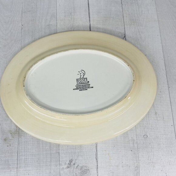 Home Trends HIBISCUS Bamboo Edge Ferns Floral Red Oval Ceramic Serving Platter - Picture 3 of 9